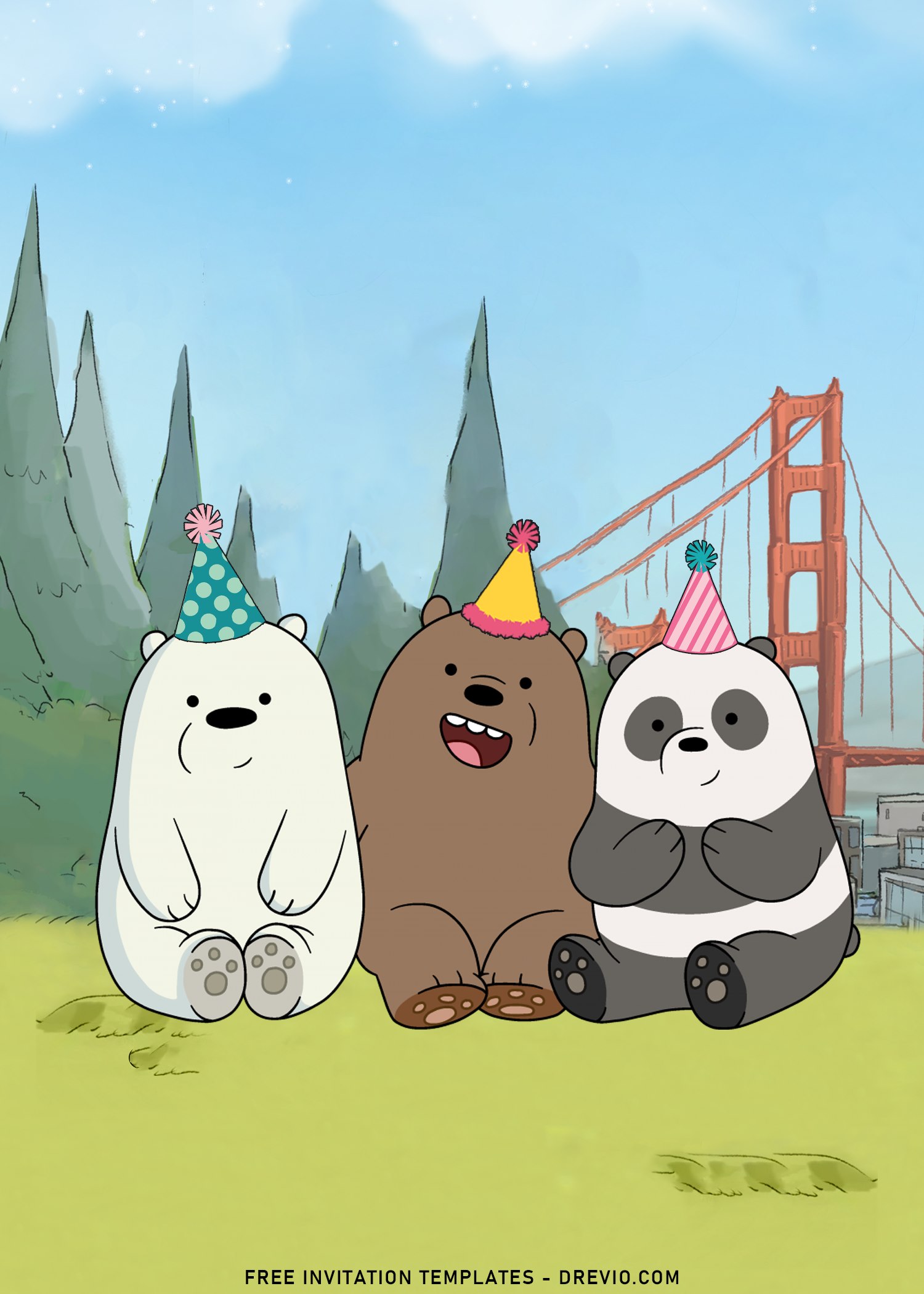 Grizz, Panda và Ice Bear đội mũ sinh nhật trong hình We Bare Bears gốc của thiệp